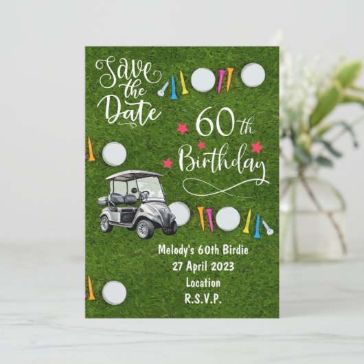 Golf Party-uitnodiging Save the Date 60th Birthday Kaart (Staand voorkant)