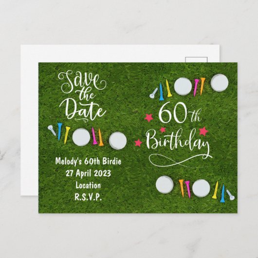 Golf Party-uitnodiging Save the Date 60th Birthday Uitnodiging Briefkaart (Voorkant / Achterkant)