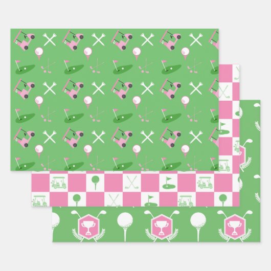 Golf Party Wrapping Paper-3 vellen Set Roze / Groe (Set)