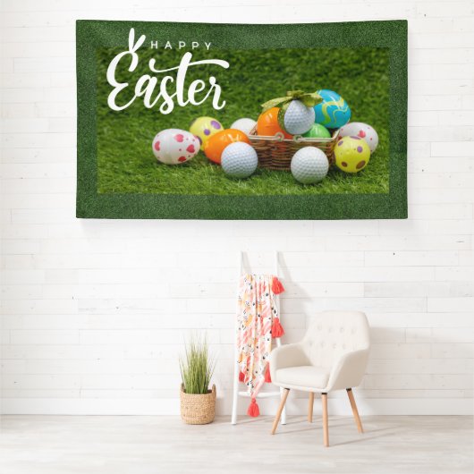 Golf Pasen met ballen en eieren voor golfer Spandoek (Insitu)