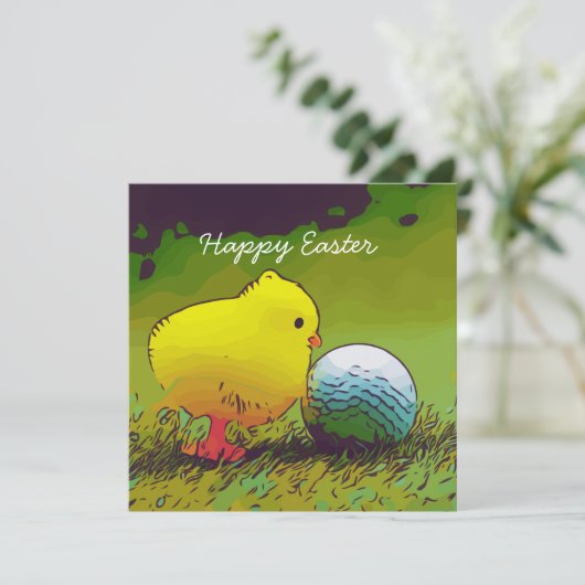 Golf Pasen met gele kip en golfbal (Staand voorkant)