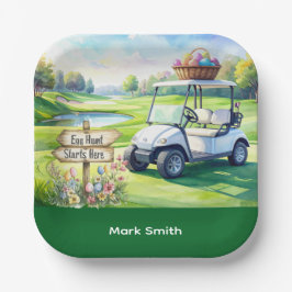 Golf Pasen vakantie met golfkar en paaseieren Papieren Bordje
