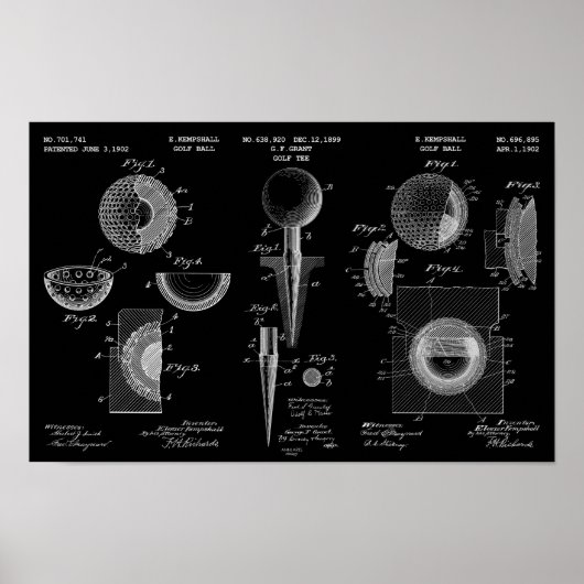  Golf Patent Poster 1 White on Black (Voorkant)