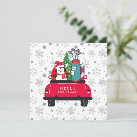 Golf Penguin golfer met golfkarretkerst Kaart (Staand voorkant)