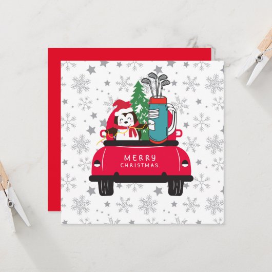 Golf Penguin golfer met golfkarretkerst Kaart (Voorkant / Achterkant in situ)