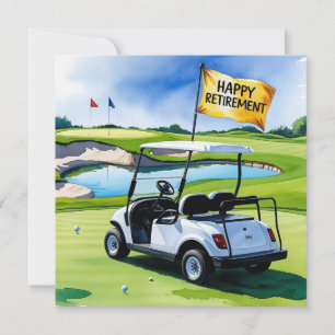 Golf pensioen met golfkar op het zetten van groen kaart