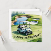 Golf pensioen met golfkar op het zetten van groen kaart (Voorkant / Achterkant in situ)