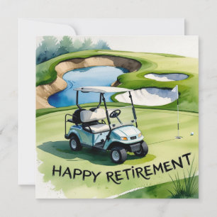 Golf pensioen met golfkar op het zetten van groen kaart