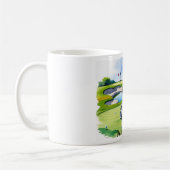 Golf pensioen met golfkar op het zetten van groen koffiemok (Links)