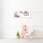 Golf pensioen met roze golfkar voor vrouw spandoek (Insitu)