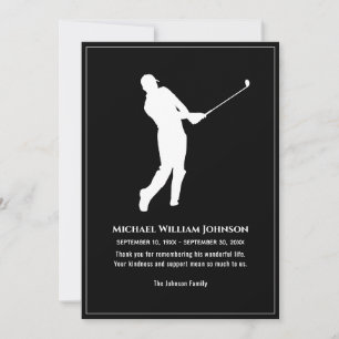 Golf Player Funeral Memorial Black and White Bedankkaart