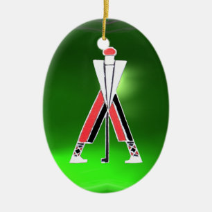 GOLF PLAYER, GOLFER RED RUBY, GROEN EMERALD MONOGR KERAMISCH ORNAMENT
