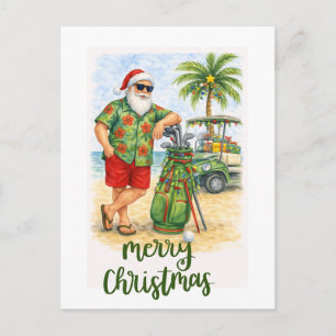 Golf Prettig kerstfeest Kerstman Golfer Strand the Feestdagenkaart