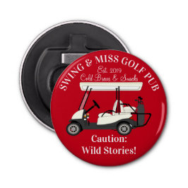 Golf Pub Golf Cart Beer & Snacks Wilde Verhalen Button Flesopener