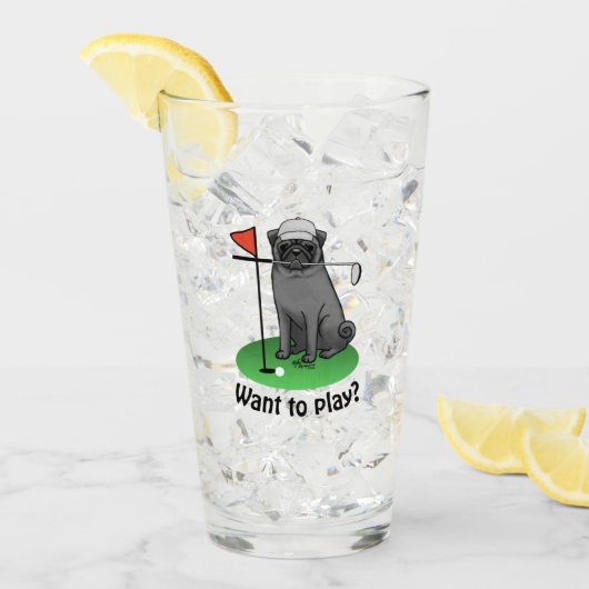 Golf Pug Golf (zwart) Cute Dog Funny Glas (Voorkant ijs)