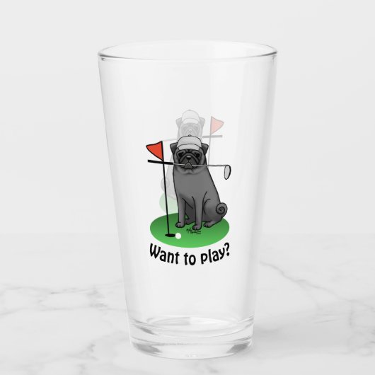 Golf Pug Golf (zwart) Cute Dog Funny Glas (Voorkant)