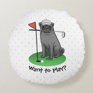 Golf Pug Golf (zwart) Cute Dog Funny Rond Kussen