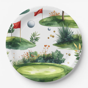 Golf putting green met rode vlag papieren bordje