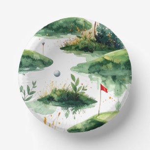 Golf putting green met rode vlag papieren kommen