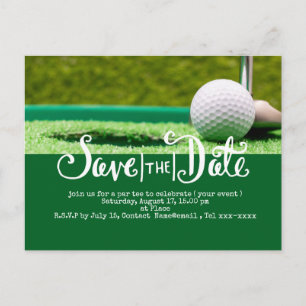 Golf redt de datum met golfbal en club briefkaart