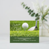 Golf redt de datum met golfbal en club briefkaart (Staand voorkant)