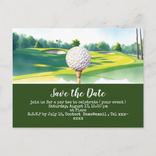 Golf redt de datum met golfbal op groen gras briefkaart