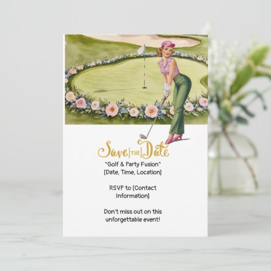 Golf Retro Golf Chic: Vrouw Golfer op het Groen Kaart (Staand voorkant)