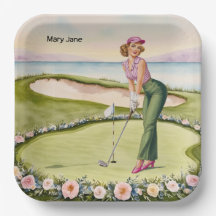 Golf Retro Golf Chic: vrouwelijke golfer op de gre