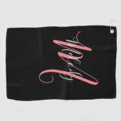 Golf Roze Monogram met wit manuscript op zwarte Golfhanddoek (Horizontaal)