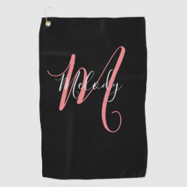 Golf Roze Monogram met wit manuscript op zwarte Golfhanddoek
