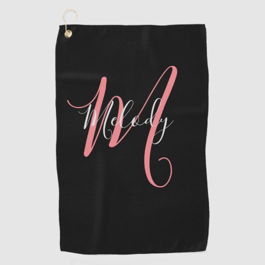 Golf Roze Monogram met wit manuscript op zwarte Golfhanddoek (Voorkant)