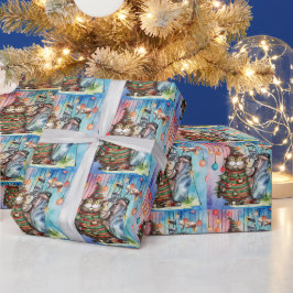 Golf Santa Cat Bag met Kerstachtergrond Cadeaupapier