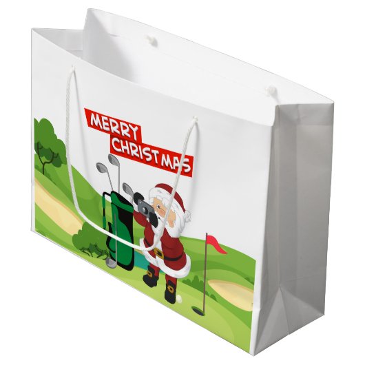 Golf Santa Claus golfer Merry Kerstmis op Green Groot Cadeauzakje (Voorkant Gekanteld)