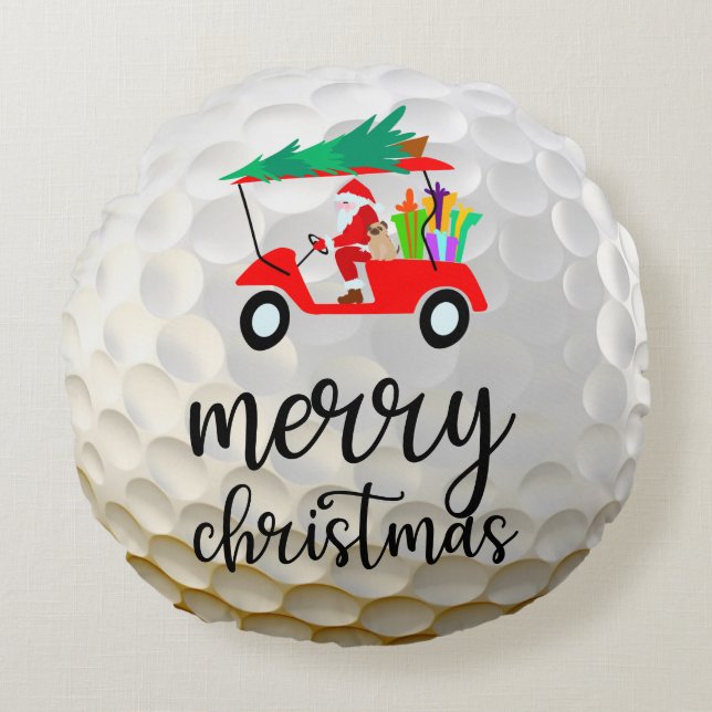 Golf Santa Claus rijdt met rode kar kerstboom Rond Kussen (Voorkant)