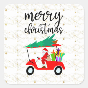 Golf Santa Claus rijdt met rode kar kerstboom Vierkante Sticker