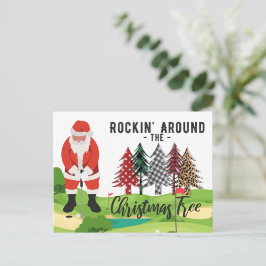 Golf Santa Claus schommelt rond de kerstboom Briefkaart (Staand voorkant)