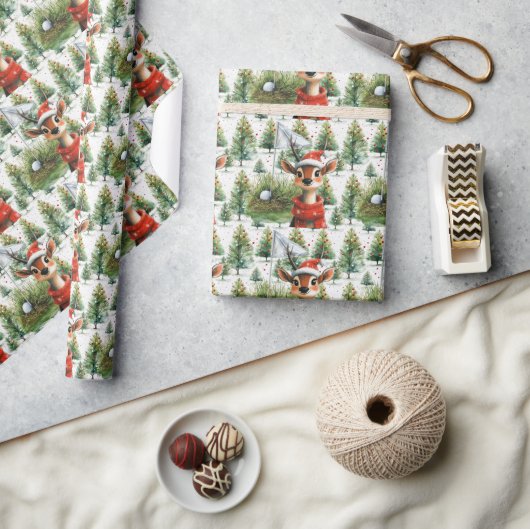Golf Santa Deer bij Golf Flag Kerstachtergrond Cadeaupapier (Crafts)