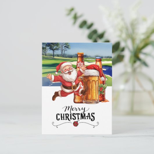 Golf Santa en Bier voor Kerstmis Grappig Feestdagenkaart (Staand voorkant)