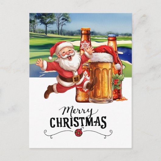 Golf Santa en Bier voor Kerstmis Grappig Feestdagenkaart (Voorkant)