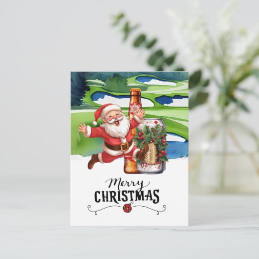 Golf Santa en Bier voor Kerstmis Grappig Feestdagenkaart (Staand voorkant)