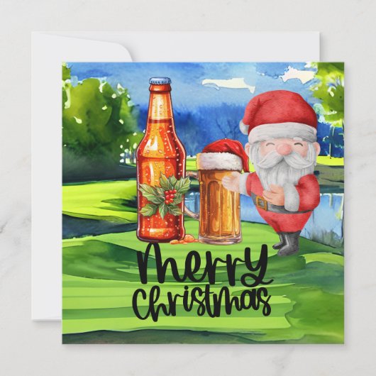 Golf Santa en Bier voor Kerstmis Grappige Golfer Feestdagenkaart (Voorkant)