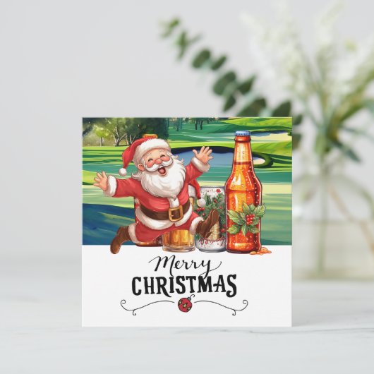 Golf Santa en Bier voor Kerstmis Grappige Golfer Feestdagenkaart (Staand voorkant)