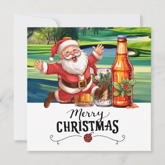 Golf Santa en Bier voor Kerstmis Grappige Golfer Feestdagenkaart (Voorkant)