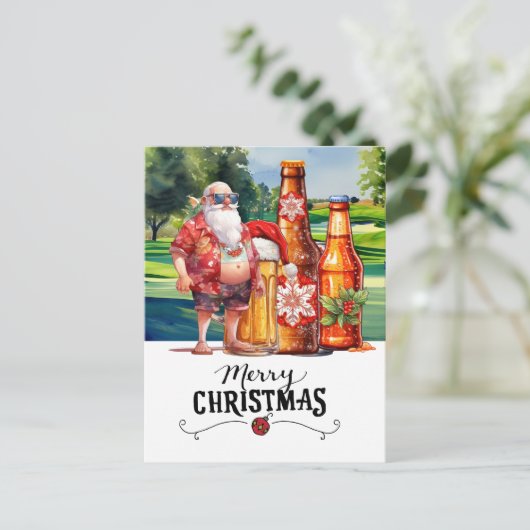 Golf Santa en Bier voor Kerstmis Grappige Zomer Feestdagenkaart (Staand voorkant)