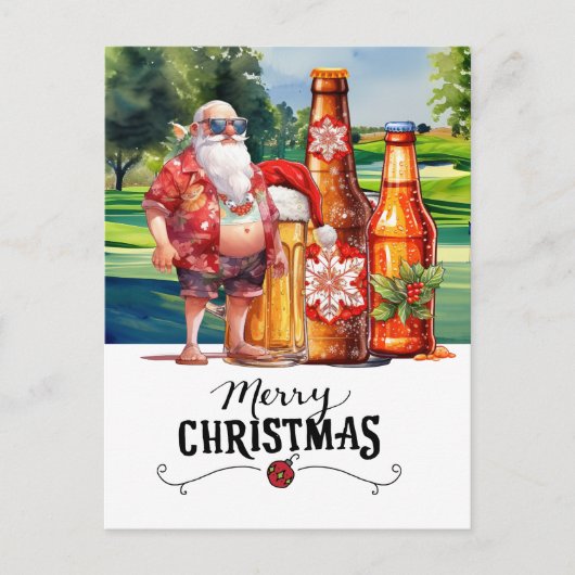Golf Santa en Bier voor Kerstmis Grappige Zomer Feestdagenkaart (Voorkant)