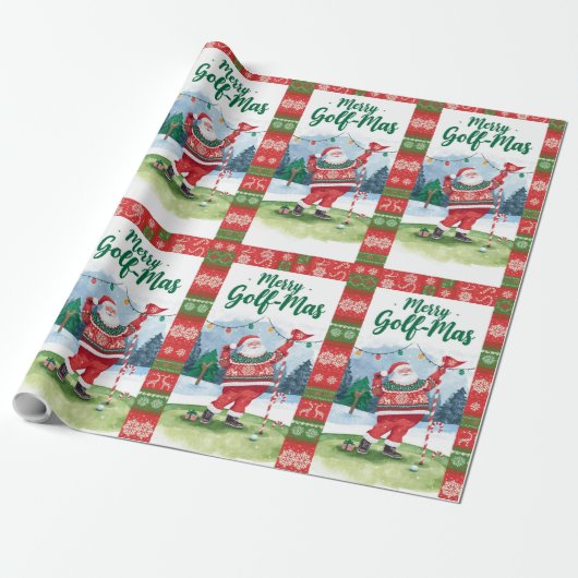 Golf Santa in Ugly Sweater Golfing Merry Golfmas Cadeaupapier (Uitgerold)