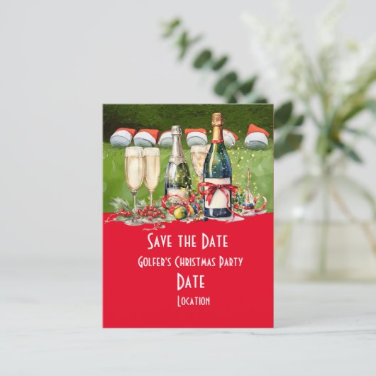 Golf Save the Date Christmas Party Golfbal Santa Briefkaart (Staand voorkant)