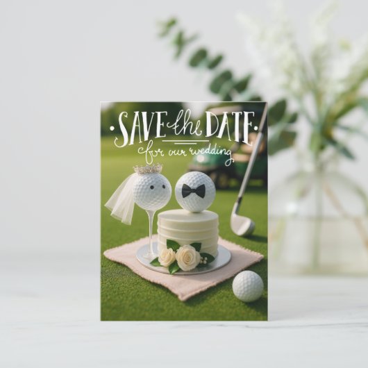 Golf save the date for our wedding with golf balls briefkaart (Staand voorkant)
