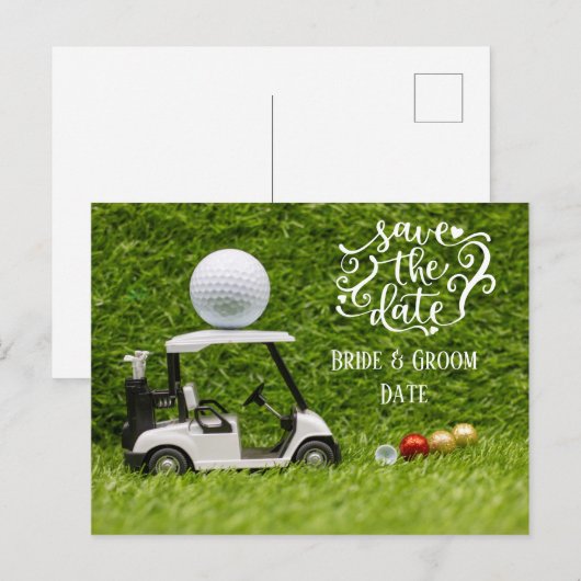 Golf Save the Date golf cart and ball on green Briefkaart (Voorkant / Achterkant)