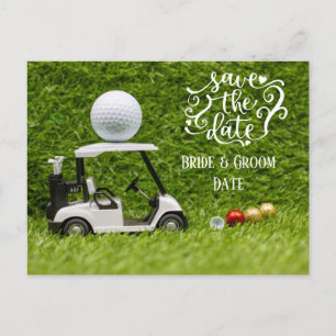 Golf Save the Date golf cart and ball on green Briefkaart